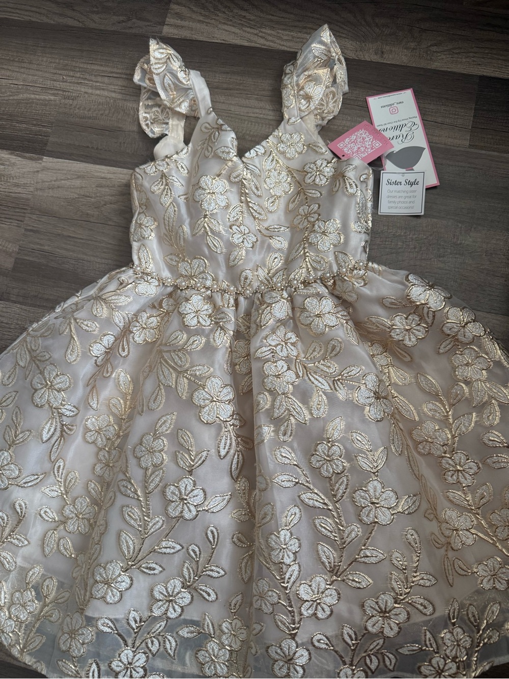 Rare Editions Cream and Gold Floral Embroidered Party Dress with Ruffled Straps